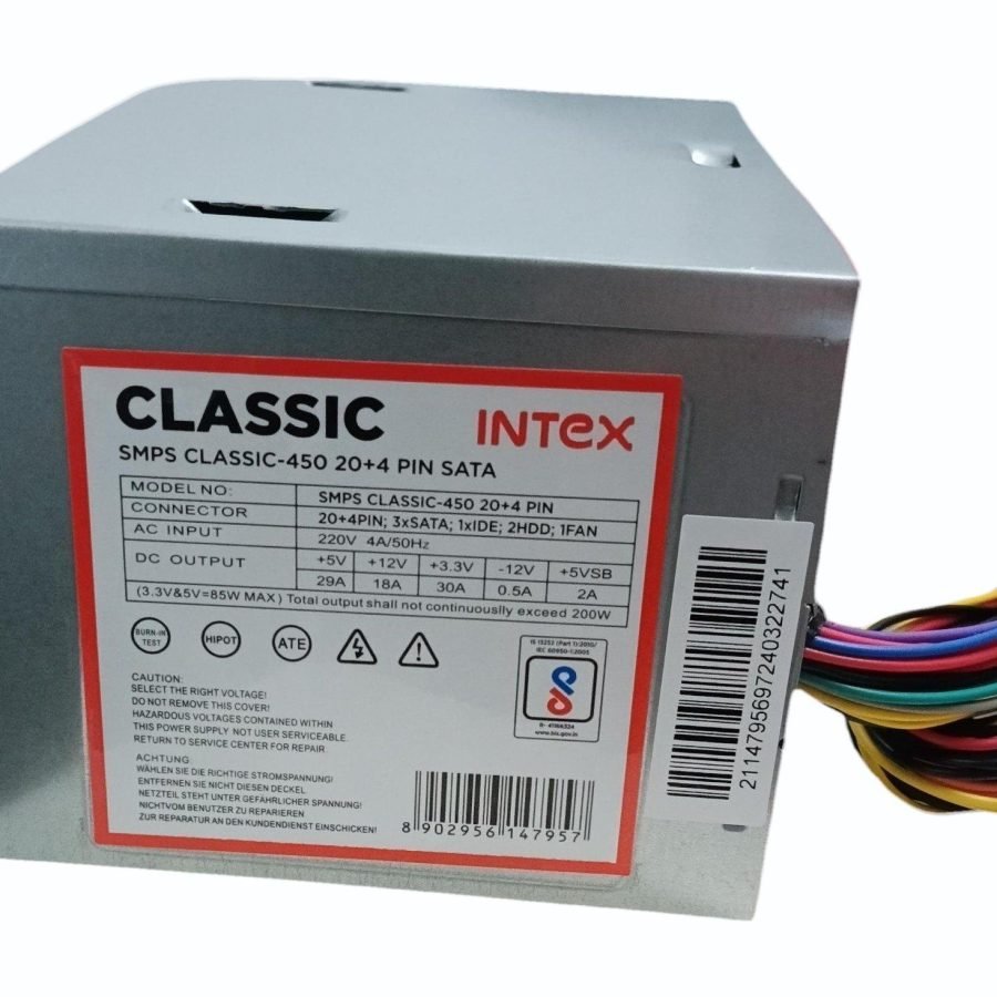 Intex Classic SMPS 450 20+4PIN SATA 450 Watts Computer PSU with 4 SATA Cables  (
